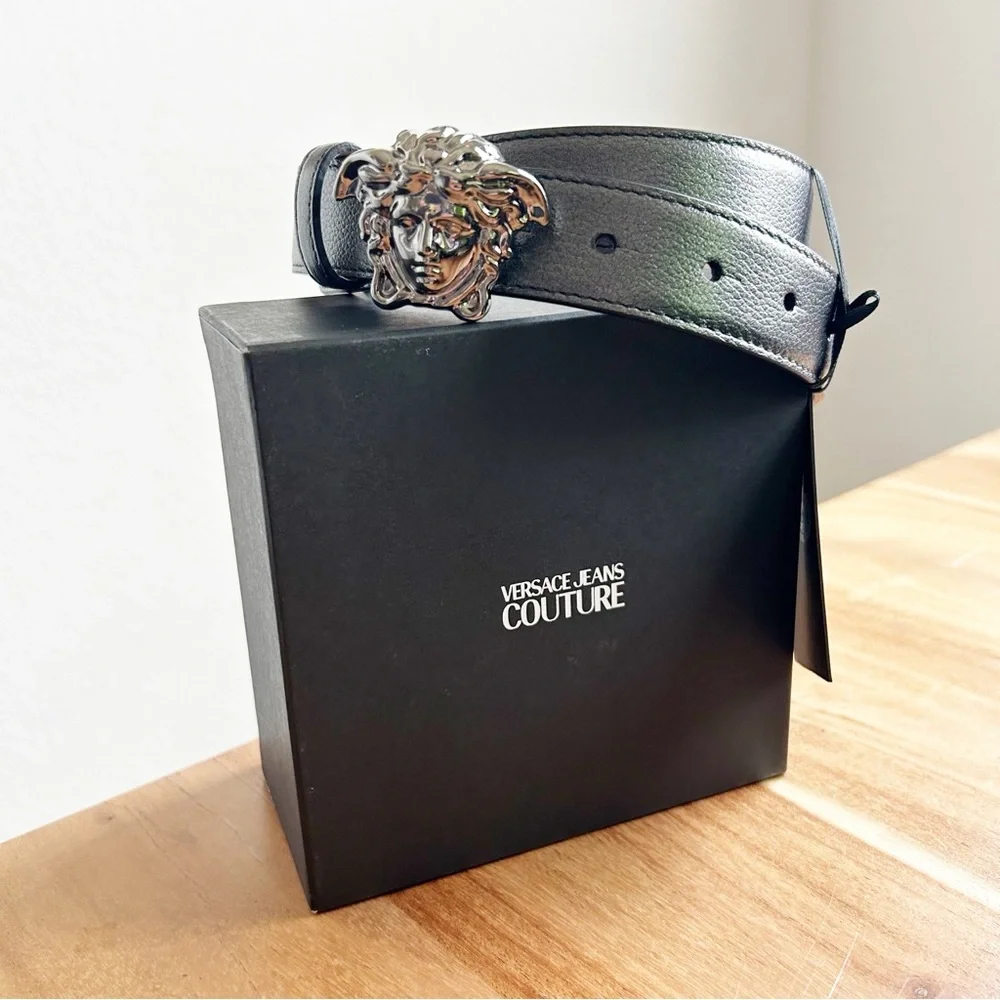 NWT Versace La Medusa Head Gunmetal Leather Belt